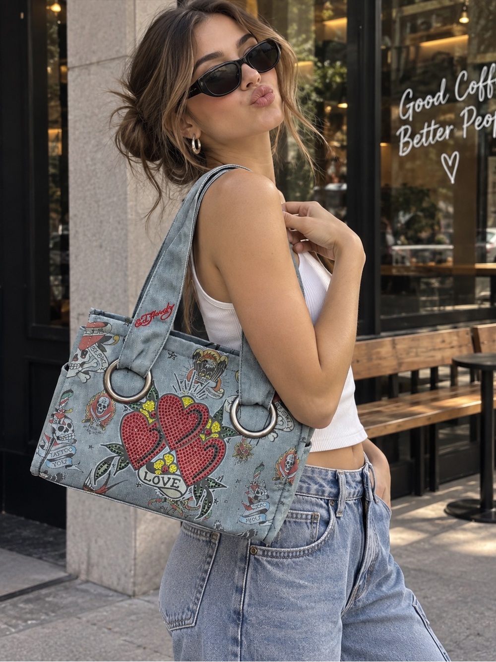 Ed Hardy Light Gray Denim Tote with Red Heart Studs